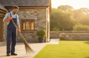 Ein Mann fegt seine Auffahrt mit einem Bambusbesen.