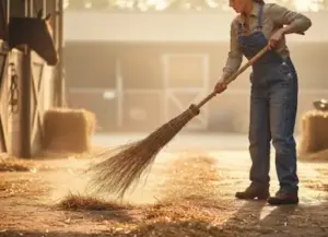 Deine Frau benutzt einen Bambusbesen für ihren Pferdestall.