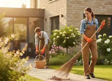Eine Fraue benutzt einen Besen für große Flächen.