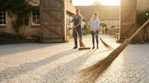 3 Menschen benutzen einen Hofbesen.