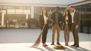 Vier Menschen mit einem Kehrbesen.