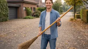 Ein stabiler Laubbesen in der Hand eines jungen Mannes.