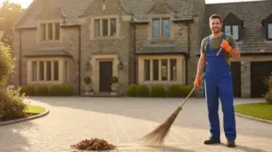 Ein Mann benutzt einen Reisigbesen.