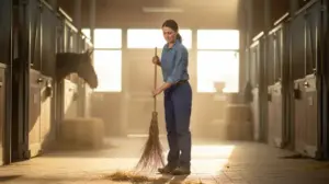 Eine Frau in einem Pferdetall benutzt einen Stallbesen.