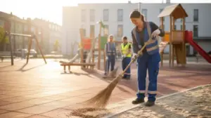 Eine Frau kehrt mit einem Straßenbesen.